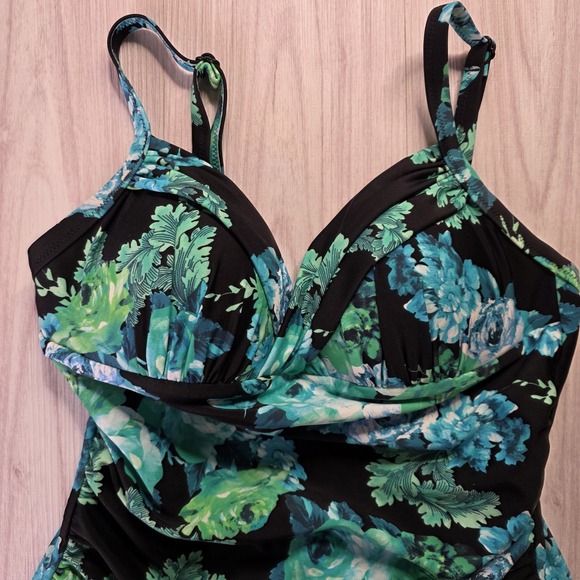 Seekers Essentials Black Blue Floral One Piece Swimsuit Tummy‎ Control US 8 NWT - Picture 3 of 9